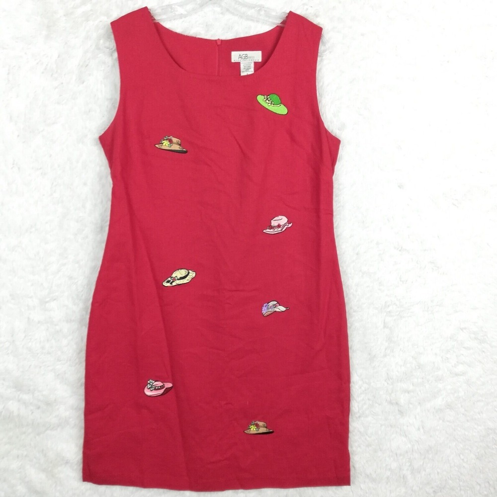 AGB Womens Dress Linen‎ Blend Sheath Above Knee Red Hat Lady Embroidered 8